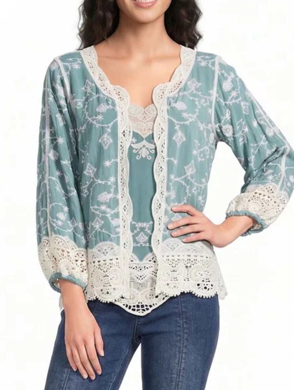 Large Embroidered 3/4 Sleeve Open-Front Crochet Jacket With Matching Tank- NWT
